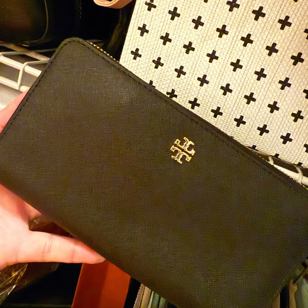 Tory Burch Black Wallet with Gold Emblem
